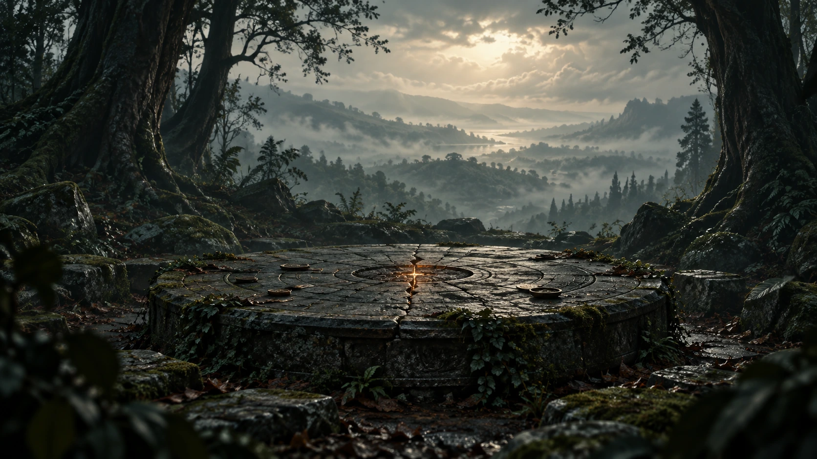 A forgotten stone table in a misty forest, with a faint ember at its centre
