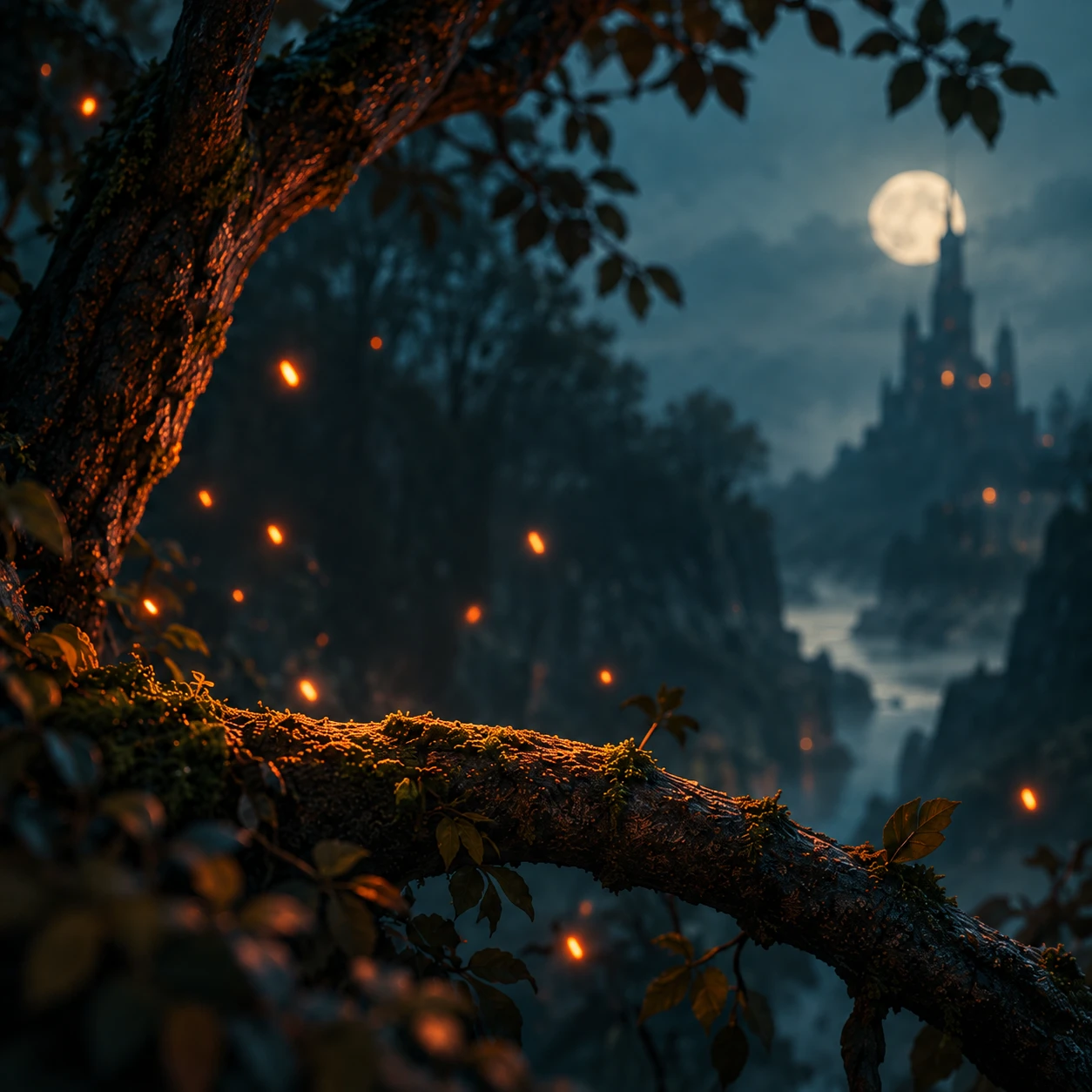 A quiet forest, a moss-covered branch and a distant castle in the mist