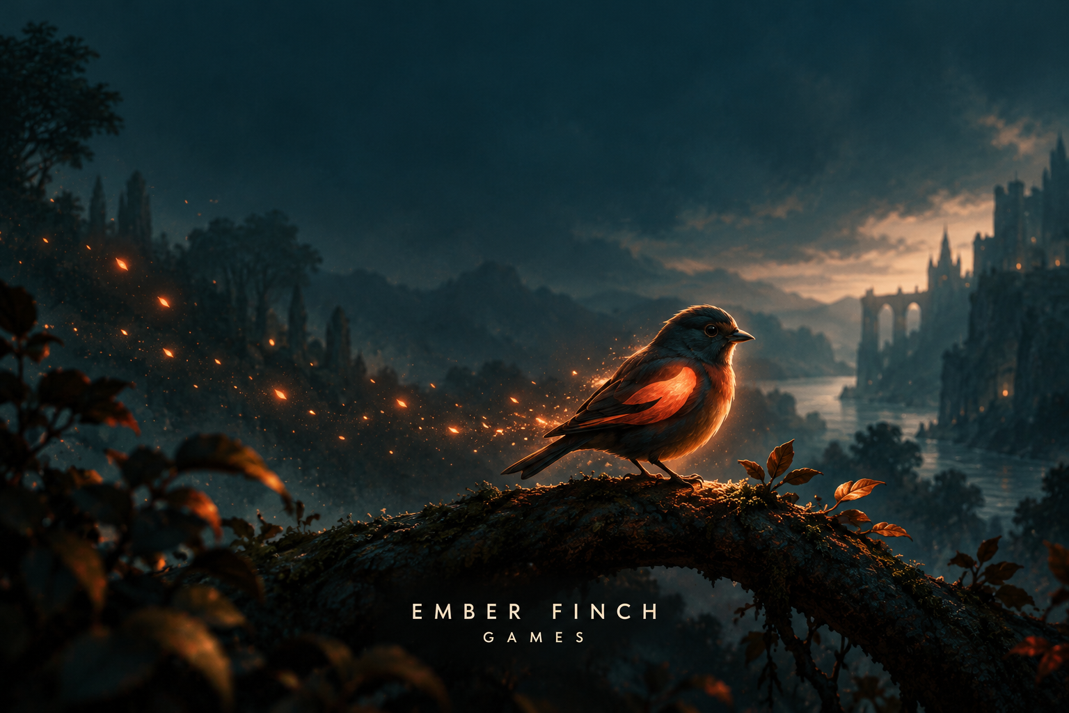 A small ember-lit finch overlooking a distant valley